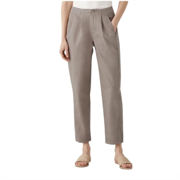Eileen Fisher Pants - Eileen Fisher Tapered Ankle High Waist Pant Pleat Organic Cotton Khaki Size 10